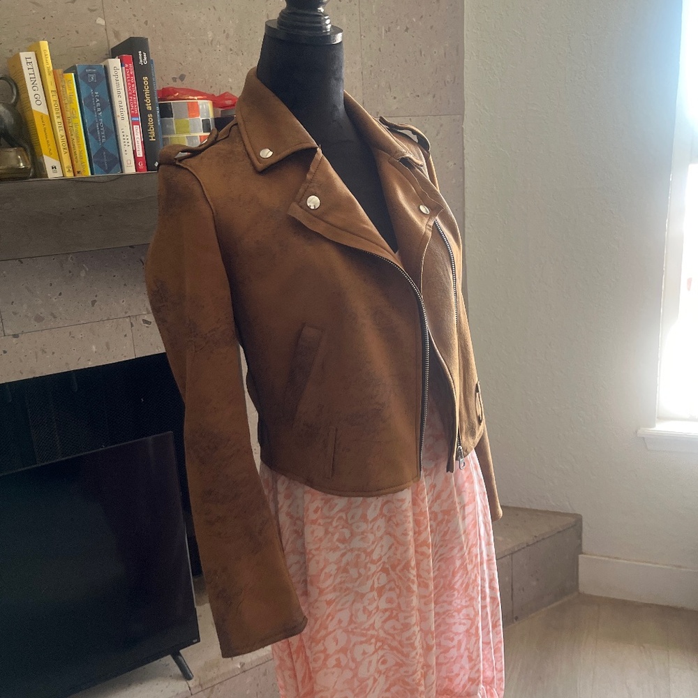 Venus Distressed Brown Faux Suede Motto Jacket